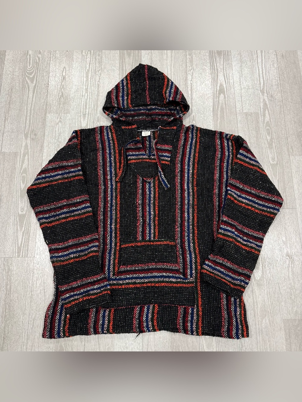 Vintage F.R. Inc Mexican Baja Jerga Hoodie Sweatshirt Black Multi Striped XL 
